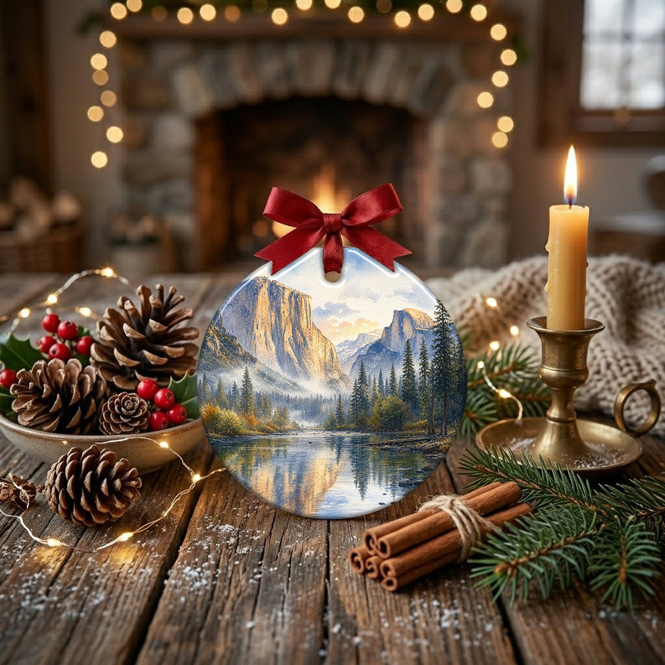 Holiday ceramic travel ornament styled on a rustic table alongside pinecones and candlelight.