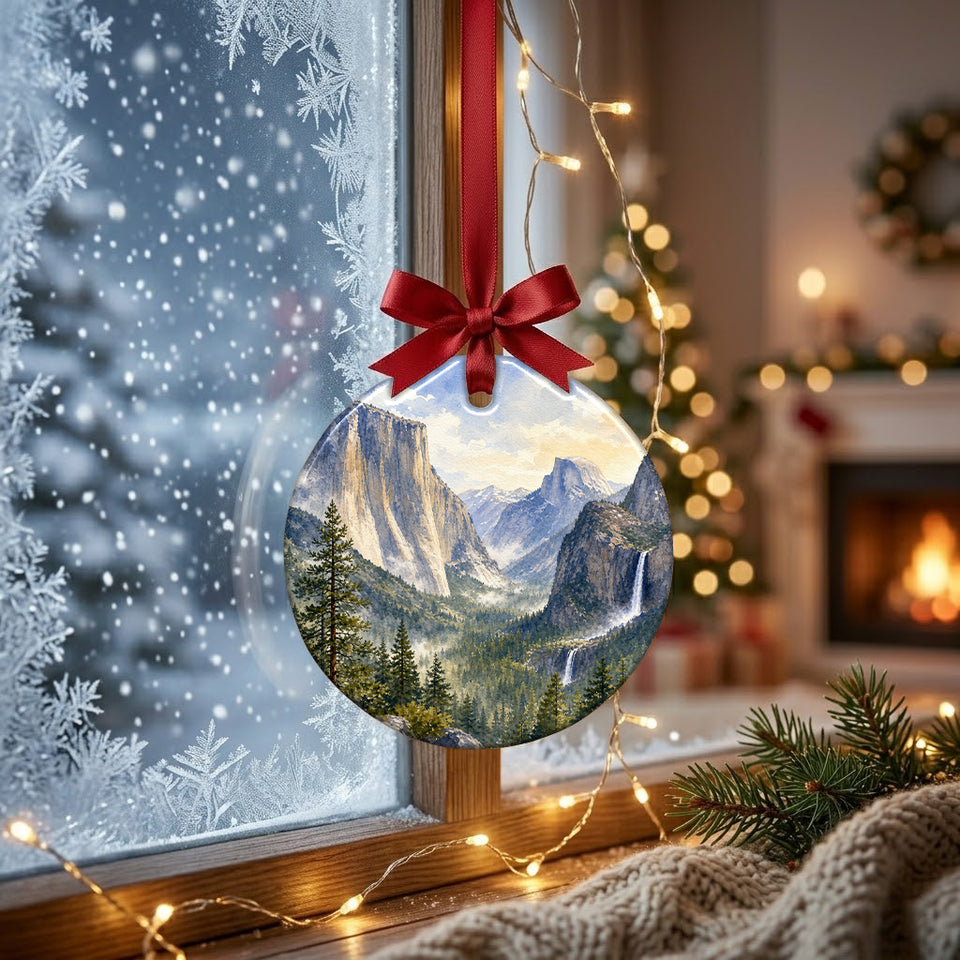 Scenic California keepsake suspended in front of a bright frosted window.