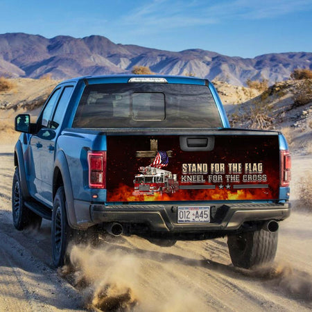 Firefighter Stand For The Flag Kneel For The Cross American truck Tailgate Decal Sticker Wrap Stand For The Flag Kneel For The Cross Tailgate Wrap Decals For Trucks