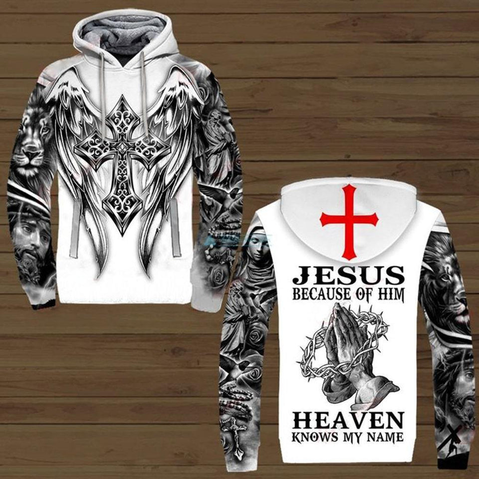 JESUS BECAUSE OF HIM HEAVEN KNOW MY NAME ALL OVER PRINTED SHIRTS 221220