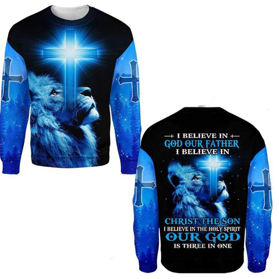 I BELIEVE IN GOD OUR FATHER I BELIEVE IN CHRIST THE SON I BELIEVE IN THE HOLY SPIRIT OUR GOD IS THREE IN ONE ALL OVER PRINTED SHIRTS QH060121