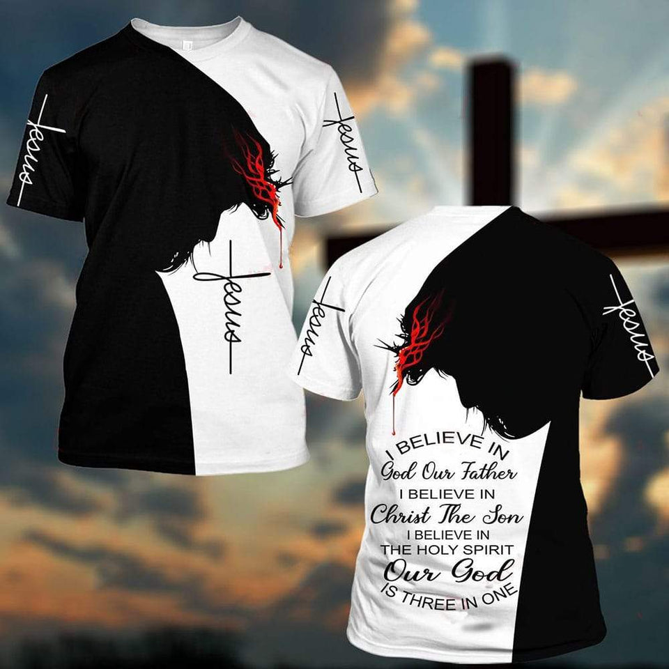 I BELIEVE IN GOD OUR FATHER I BELIEVE IN CHRIST THE SON I BELIEVE IN THE HOLY SPIRIT OUR GOD IS THREE IN ONE ALL OVER PRINTED SHIRTS QH060121