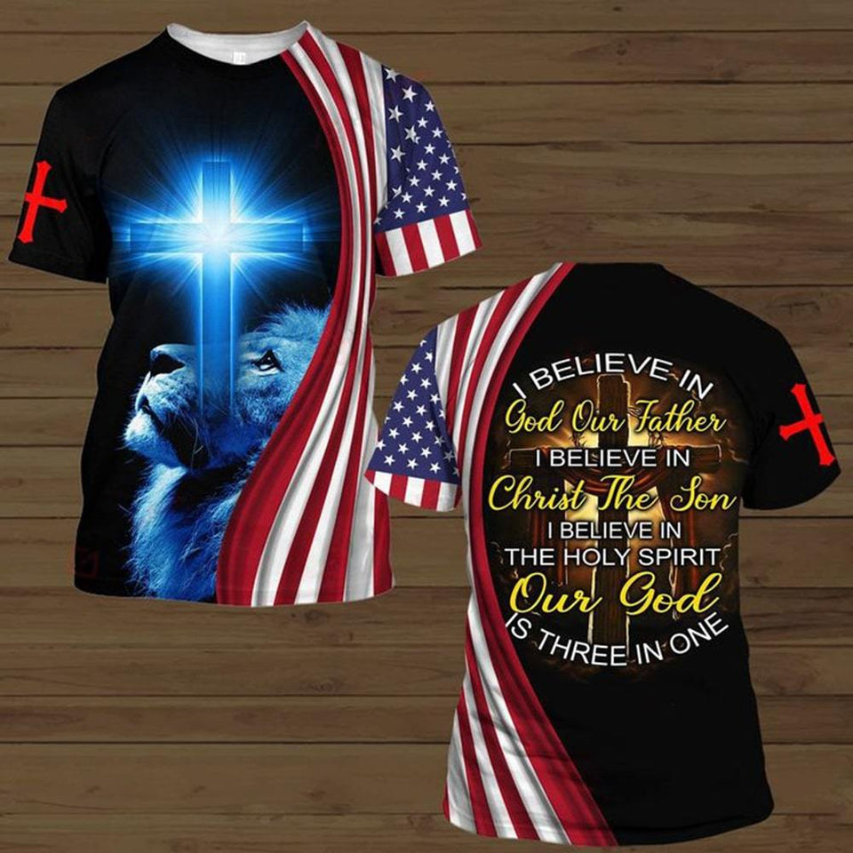 I BELIEVE IN GOD OUR FATHER I BELIEVE IN CHRIST THE SON I BELIEVE IN THE HOLY SPIRIT OUR GOD IS THREE IN ONE ALL OVER PRINTED SHIRTS DH01042101