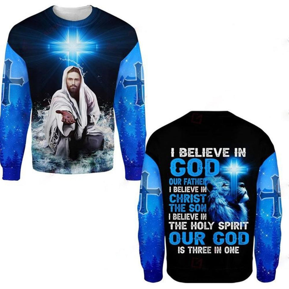 I BELIEVE IN GOD OUR FATHER I BELIEVE IN CHRIST THE SON I BELIEVE IN THE HOLY SPIRIT OUT GOD IS THREE IN ONE ALL OVER PRINTED SHIRTS