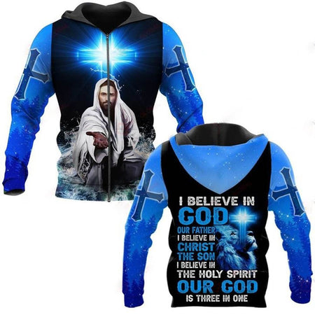 I BELIEVE IN GOD OUR FATHER I BELIEVE IN CHRIST THE SON I BELIEVE IN THE HOLY SPIRIT OUT GOD IS THREE IN ONE ALL OVER PRINTED SHIRTS