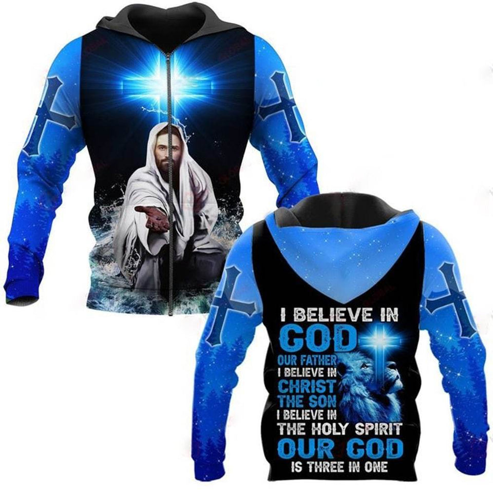 I BELIEVE IN GOD OUR FATHER I BELIEVE IN CHRIST THE SON I BELIEVE IN THE HOLY SPIRIT OUT GOD IS THREE IN ONE ALL OVER PRINTED SHIRTS