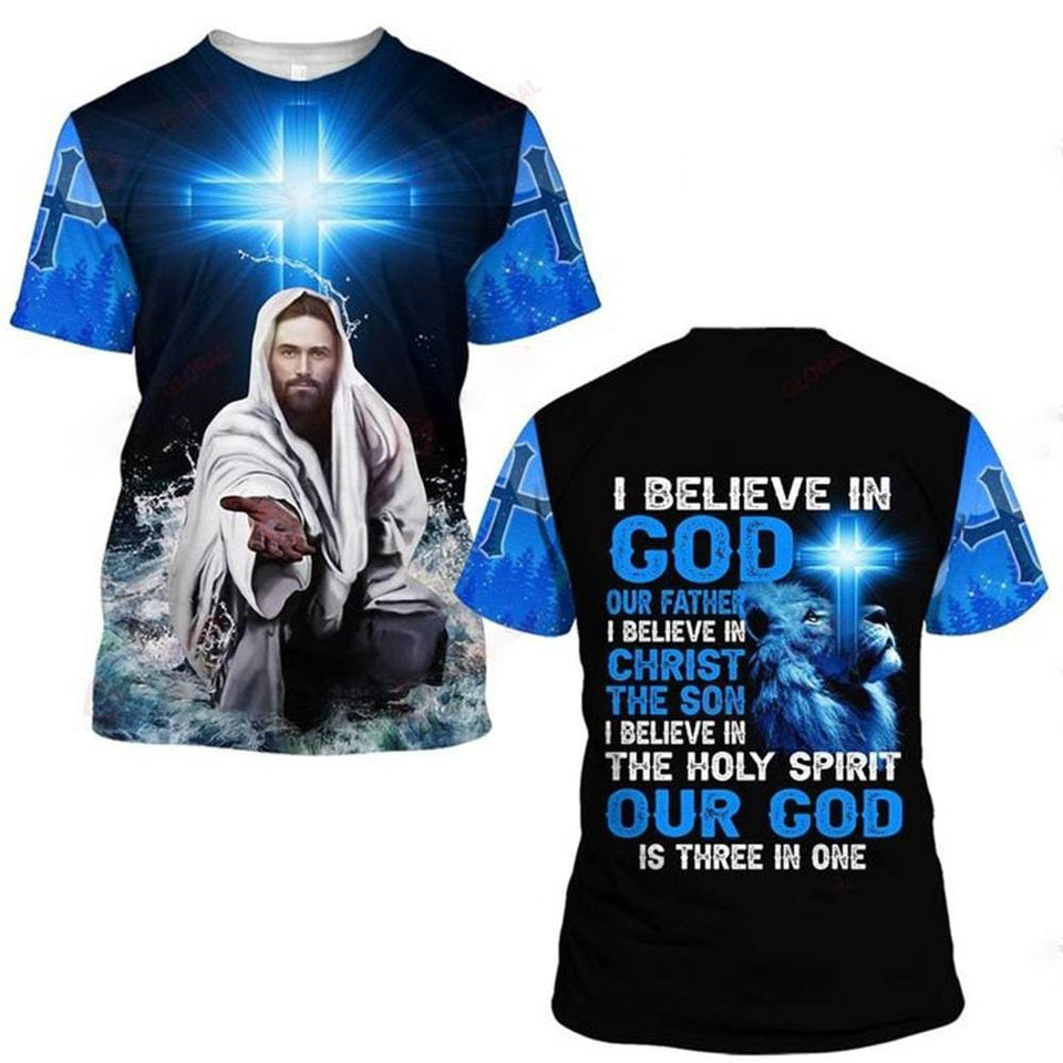 I BELIEVE IN GOD OUR FATHER I BELIEVE IN CHRIST THE SON I BELIEVE IN THE HOLY SPIRIT OUT GOD IS THREE IN ONE ALL OVER PRINTED SHIRTS