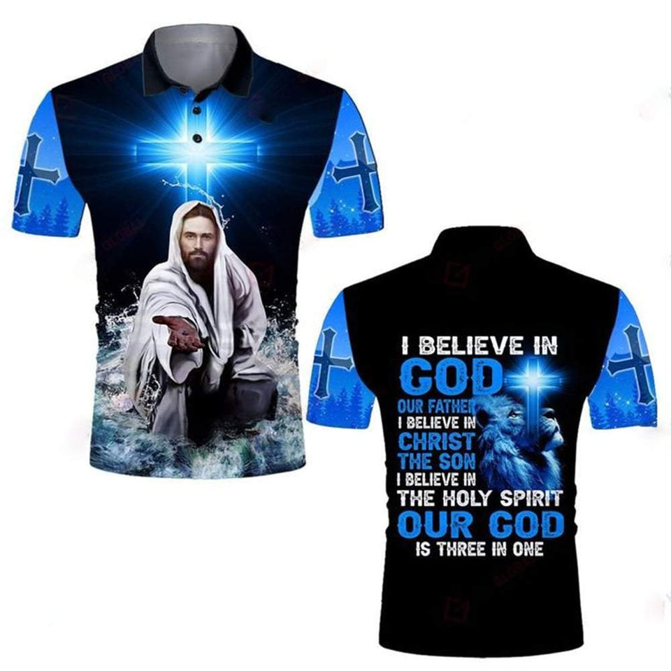I BELIEVE IN GOD OUR FATHER I BELIEVE IN CHRIST THE SON I BELIEVE IN THE HOLY SPIRIT OUT GOD IS THREE IN ONE ALL OVER PRINTED SHIRTS