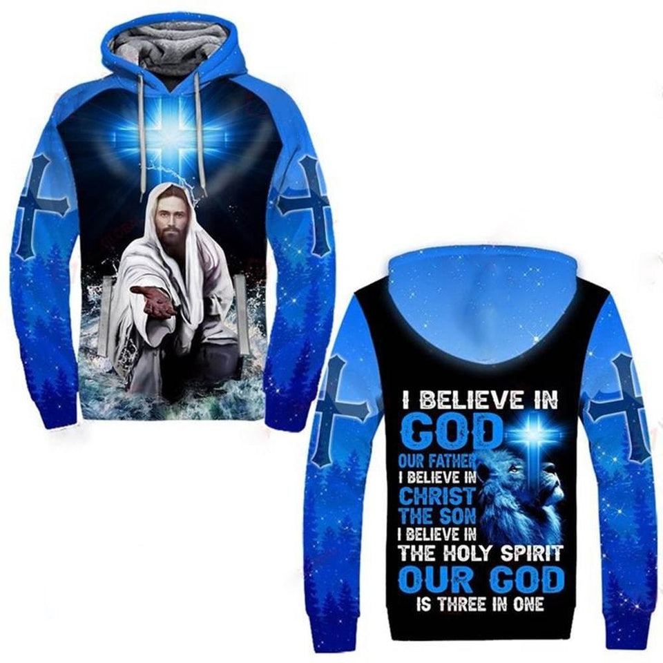 I BELIEVE IN GOD OUR FATHER I BELIEVE IN CHRIST THE SON I BELIEVE IN THE HOLY SPIRIT OUT GOD IS THREE IN ONE ALL OVER PRINTED SHIRTS