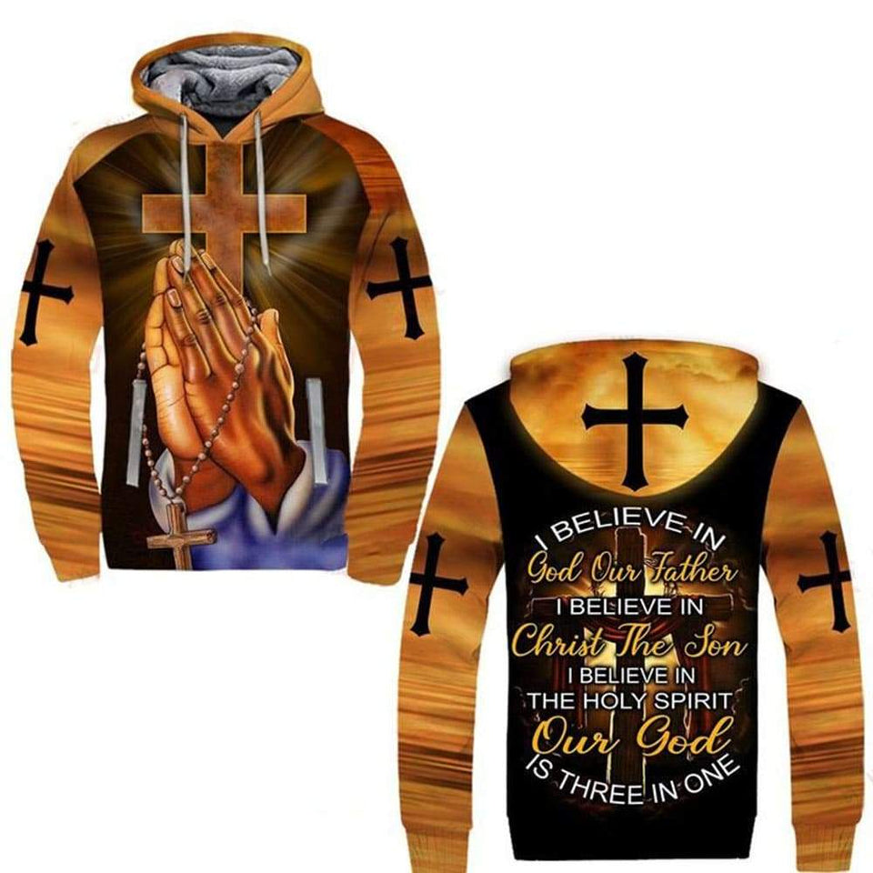 I BELIEVE IN GOD OUR FATHER I BELIEVE IN CHRIST THE SON I BELIEVE IN THE HOLY SPIRIT OUT GOD IS THREE IN ONE ALL OVER PRINTED SHIRTS 080121