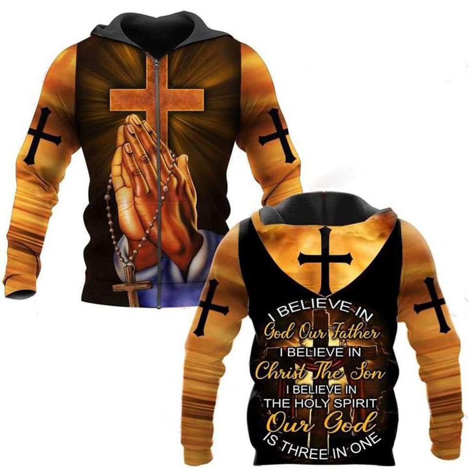 I BELIEVE IN GOD OUR FATHER I BELIEVE IN CHRIST THE SON I BELIEVE IN THE HOLY SPIRIT OUT GOD IS THREE IN ONE ALL OVER PRINTED SHIRTS 080121