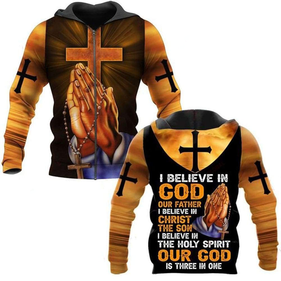 I BELIEVE IN GOD OUR FATHER I BELIEVE IN CHRIST THE SON I BELIEVE IN THE HOLY SPIRIT OUT GOD IS THREE IN ONE ALL OVER PRINTED SHIRTS 080808