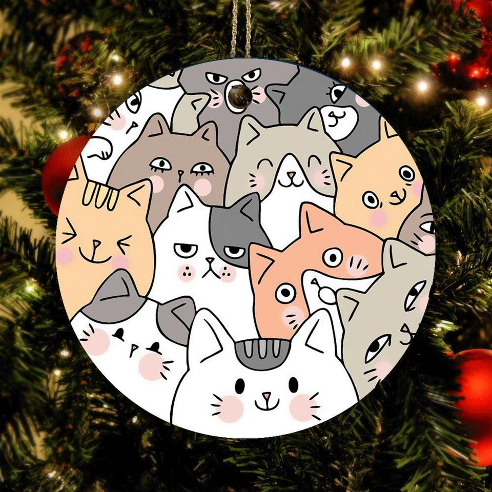 Cat Ornament Cartoon Cute Face Cats, Christmas Ornament, Christmas Gift, Circle Ornament