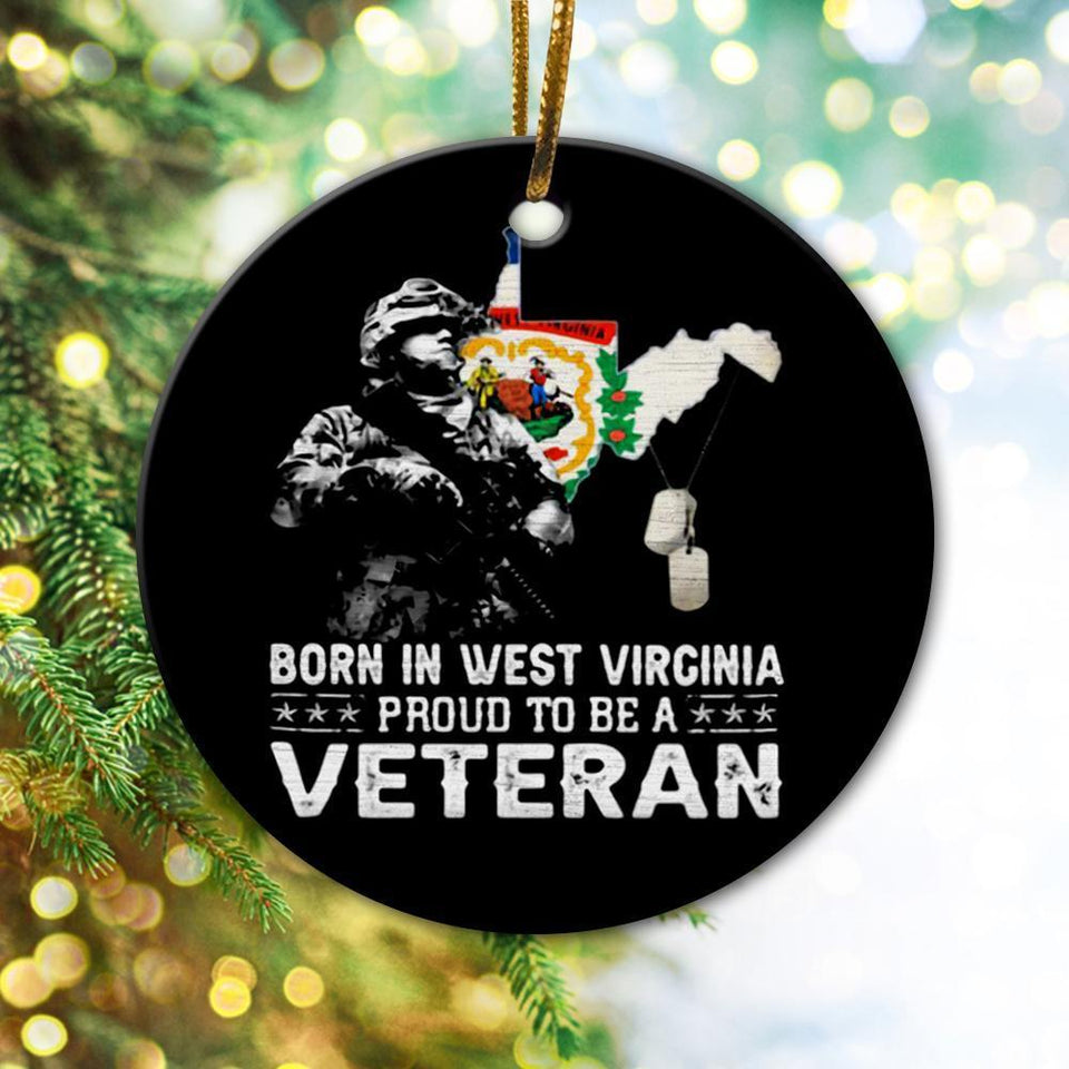 Born in West Virginia, Proud to be a Veteran Ornament, Christmas Ornament, Christmas Gift, Ceramic Circle Ornament