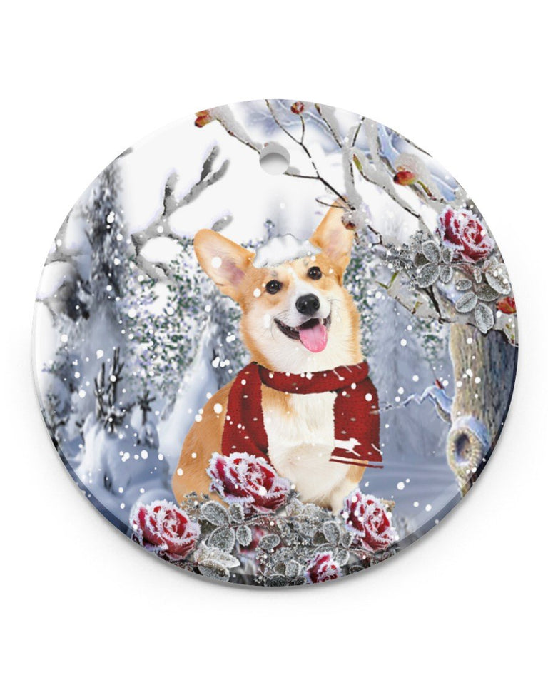 Corgi Winter Rose Ornament Circle Ornament, Christmas Ornament, Christmas Gift
