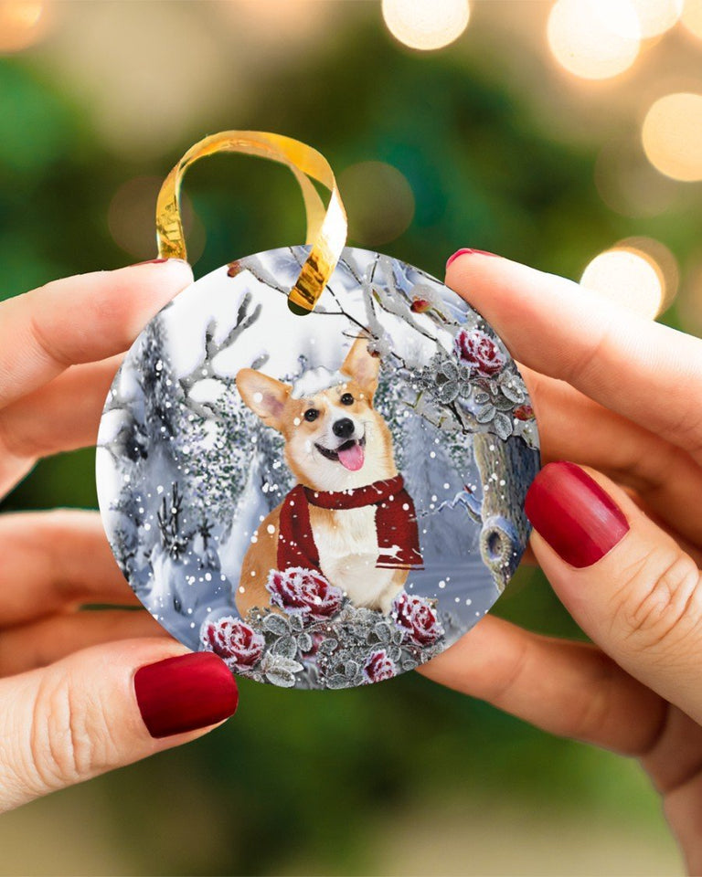 Corgi Winter Rose Ornament Circle Ornament, Christmas Ornament, Christmas Gift