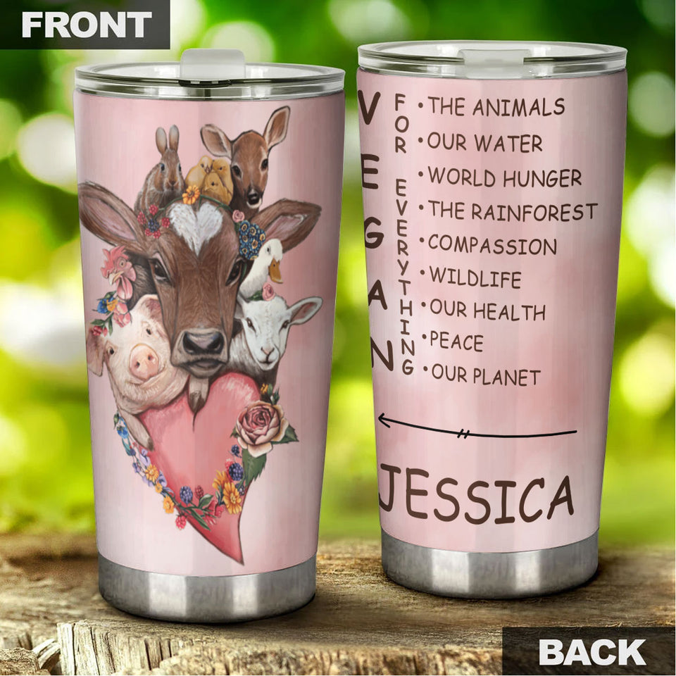 Camellia Personalized Cute Animals Vegan For The Animal Stainless Steel Tumbler - Double-Walled Insulation Thermal Cup With Lid Gift For Veggie Vegan Eater Nature Lover