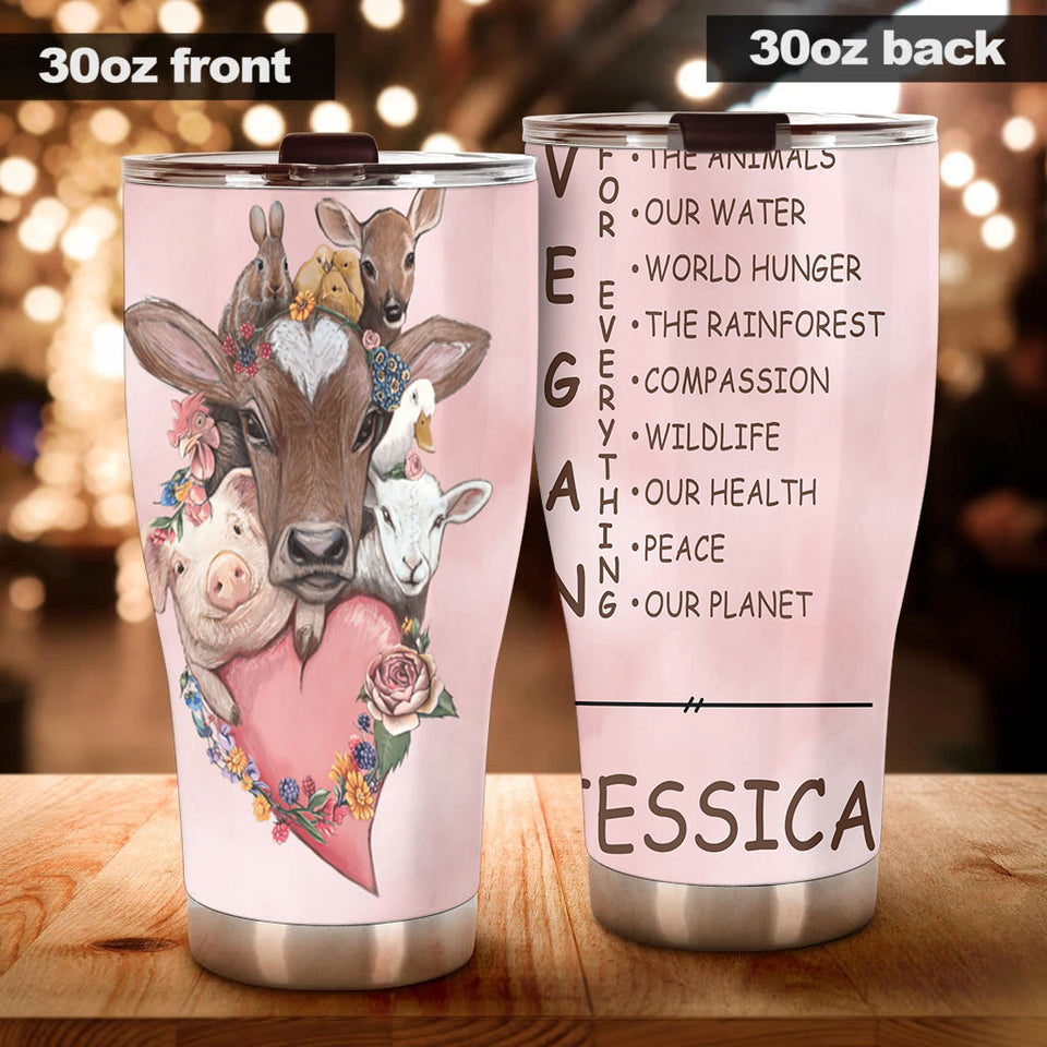 Camellia Personalized Cute Animals Vegan For The Animal Stainless Steel Tumbler - Double-Walled Insulation Thermal Cup With Lid Gift For Veggie Vegan Eater Nature Lover