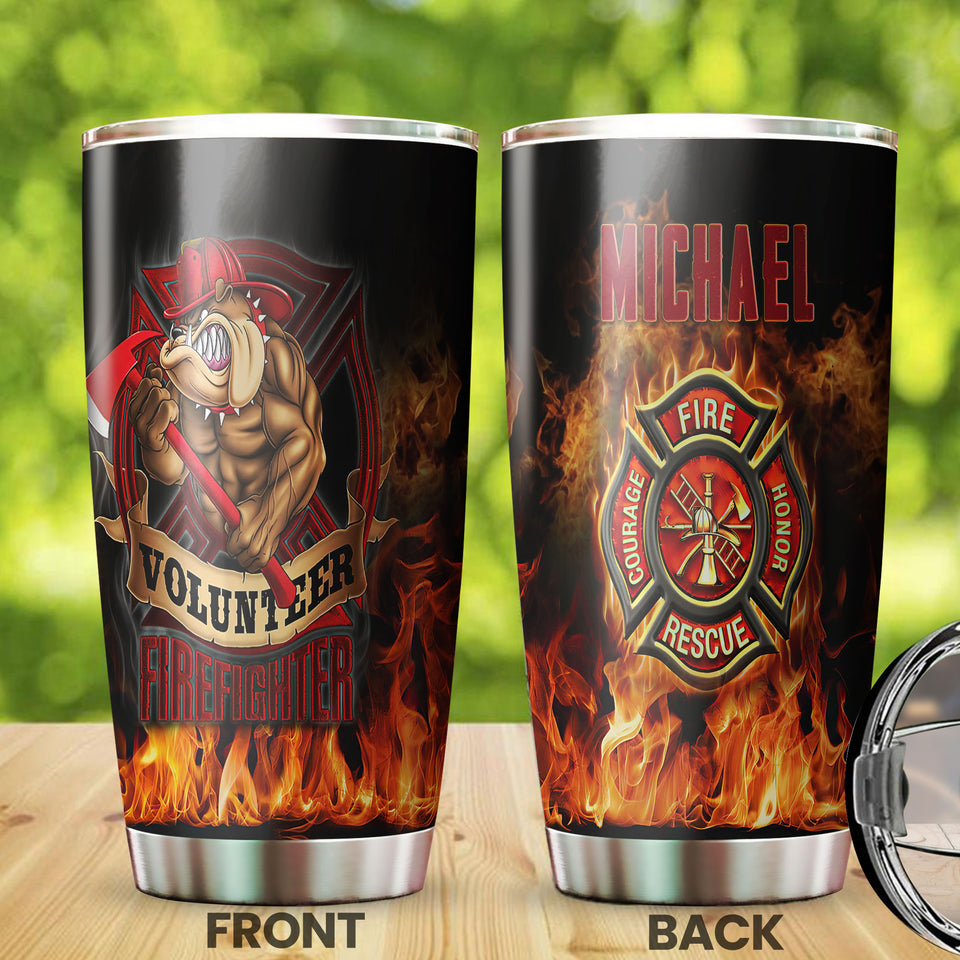 Camellia Personalized Volunteer Firefighter Bulldog Fire Honor Rescue Stainless Steel Tumbler - Double-Walled Insulation Thermal Cup With Lid Gift For Firefighter Firemen