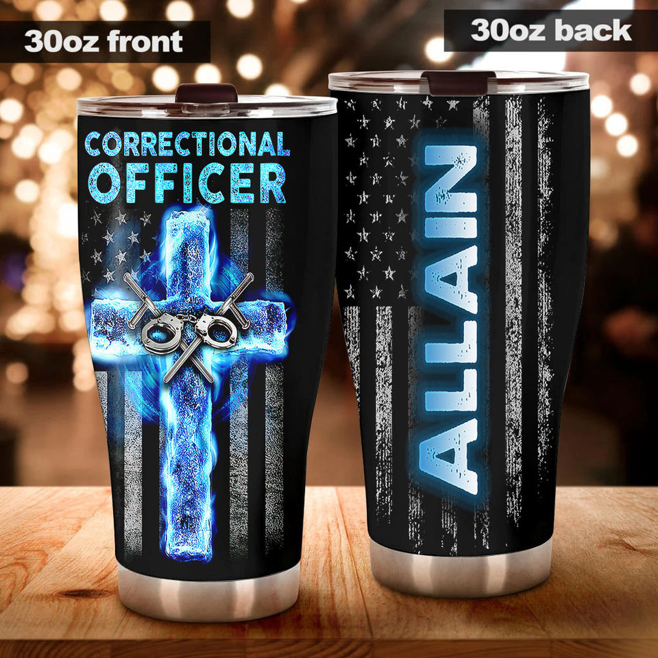Camellia Personalized American USA Glag Correctional Officer Stainless Steel Tumbler - Double-Walled Insulation Thermal Cup With Lid Gift For Police Officer Military 4th Of July