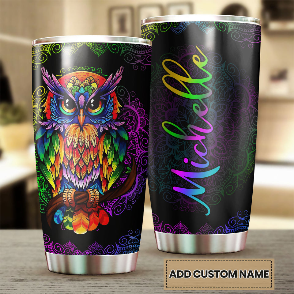 Camellia Personalized Henna Hippie Colorful Owl Graphics Stainless Steel Tumbler - Double-Walled Insulation Travel Thermal Cup With Lid For Hipster