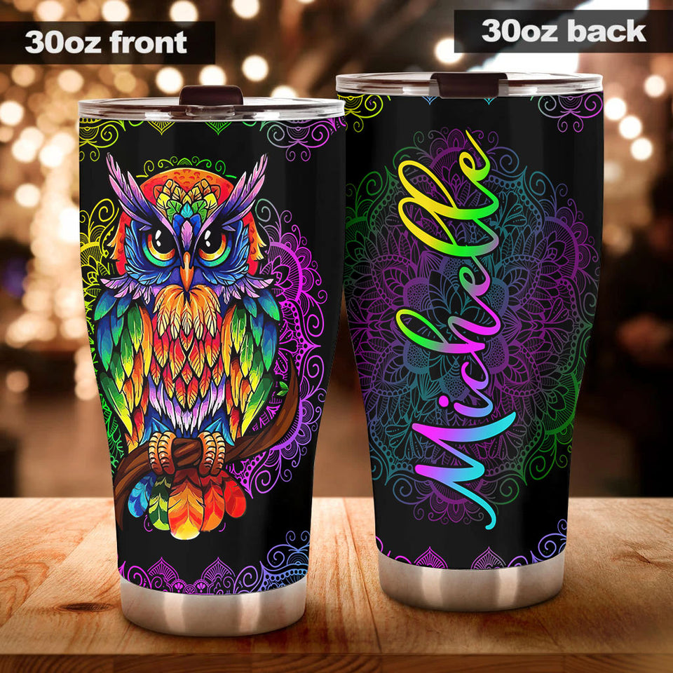 Camellia Personalized Henna Hippie Colorful Owl Graphics Stainless Steel Tumbler - Double-Walled Insulation Travel Thermal Cup With Lid For Hipster