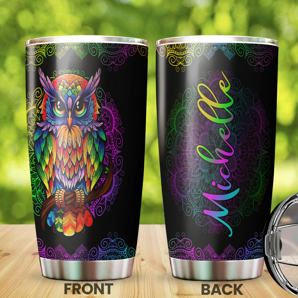 Camellia Personalized Henna Hippie Colorful Owl Graphics Stainless Steel Tumbler - Double-Walled Insulation Travel Thermal Cup With Lid For Hipster