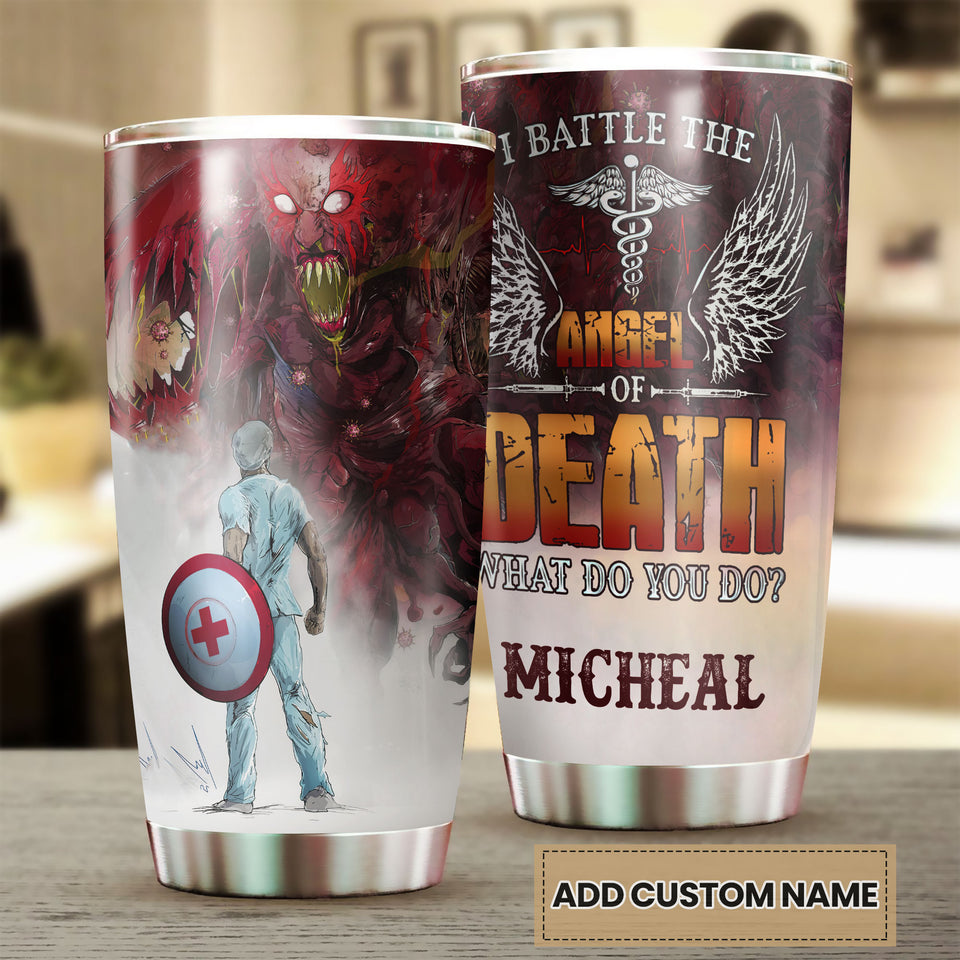 Personalized I Battle the Angel of Death Stainless Steel Tumbler - double-wall vacuum insulated coffee travel tumbler detail