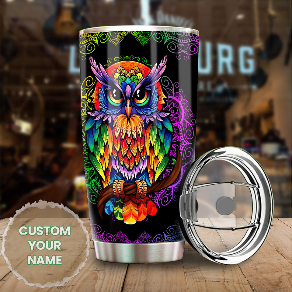 Camellia Personalized Henna Hippie Colorful Owl Graphics Stainless Steel Tumbler - Double-Walled Insulation Travel Thermal Cup With Lid For Hipster