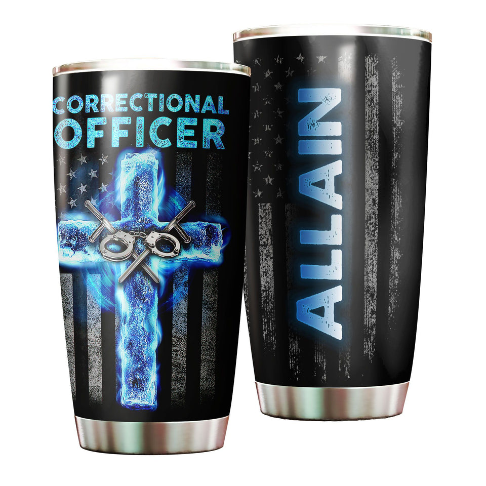 Camellia Personalized American USA Glag Correctional Officer Stainless Steel Tumbler - Double-Walled Insulation Thermal Cup With Lid Gift For Police Officer Military 4th Of July