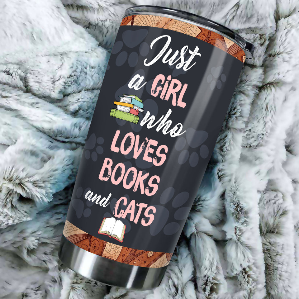 Personalized Girl Love Books and Cats Stainless Steel Tumbler - durable hot & cold beverage tumbler view #3