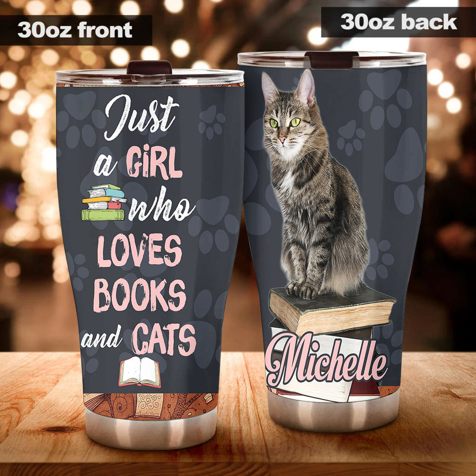Personalized Girl Love Books and Cats Stainless Steel Tumbler - General Tumbler view #4