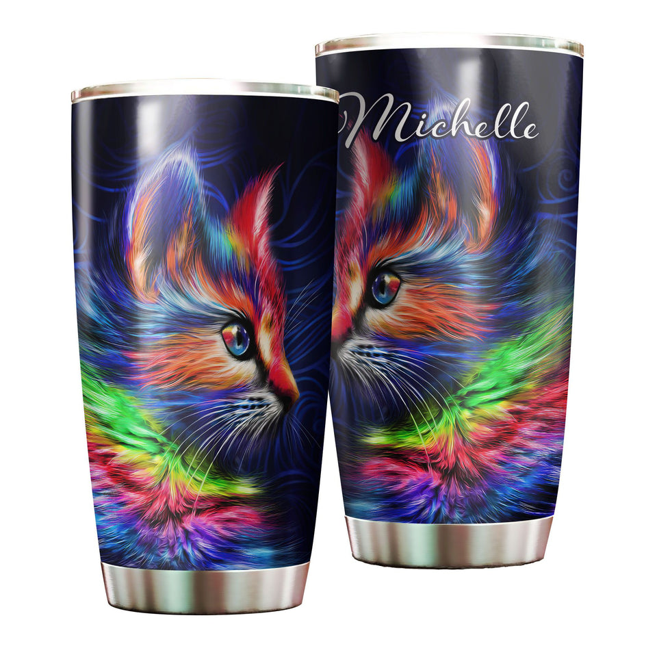 Camellia Personalized Tye Dye Colorful Cat Kitten Stainless Steel Tumbler - Double-Walled Insulation Thermal Cup With Lid Gift For Pet Lover Cat Mom