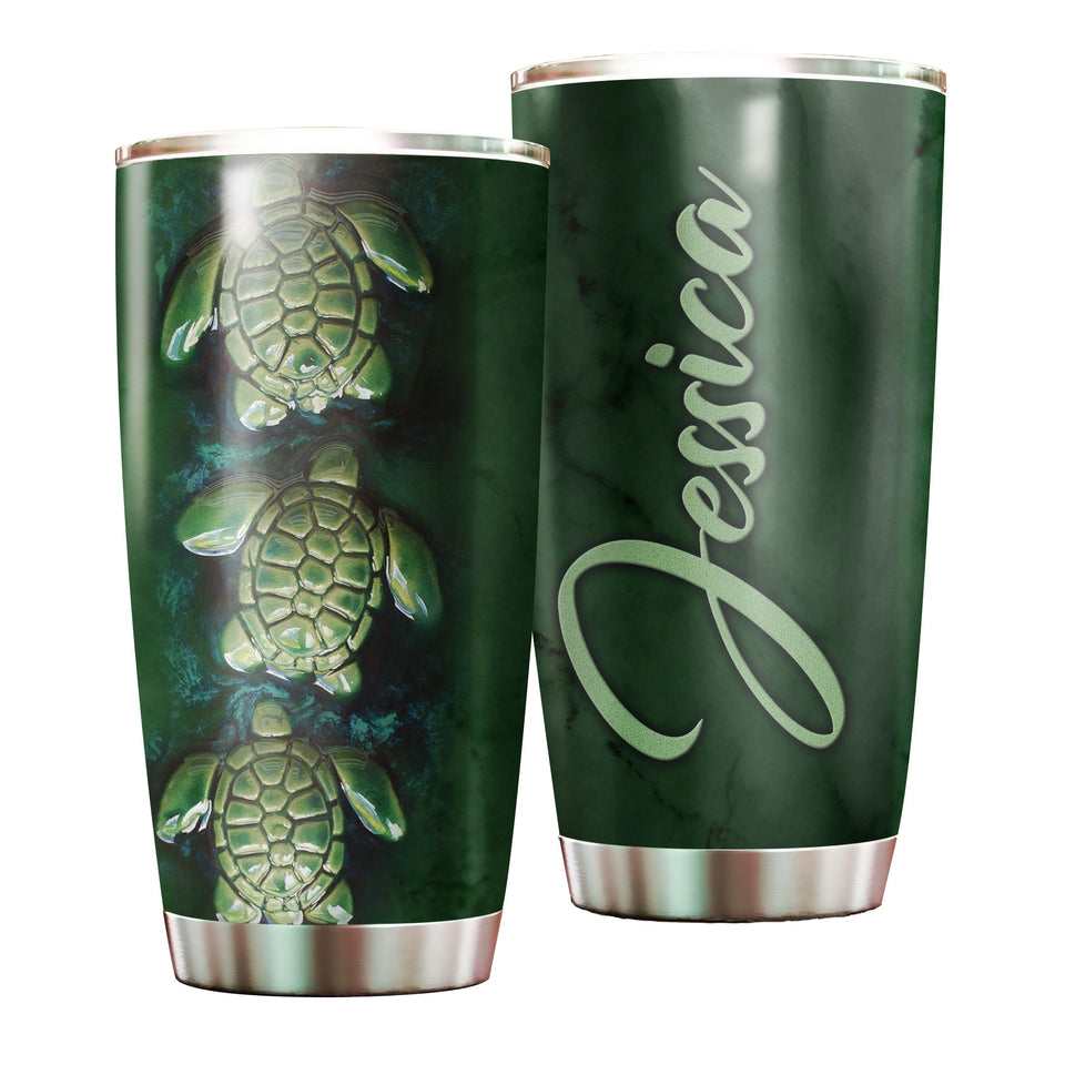 Camellia Personalized Green Turtles Ceramic Style Graphics Stainless Steel Tumbler - Double-Walled Insulation Travel Thermal Cup With Lid Gift For Pet Turtle Lover