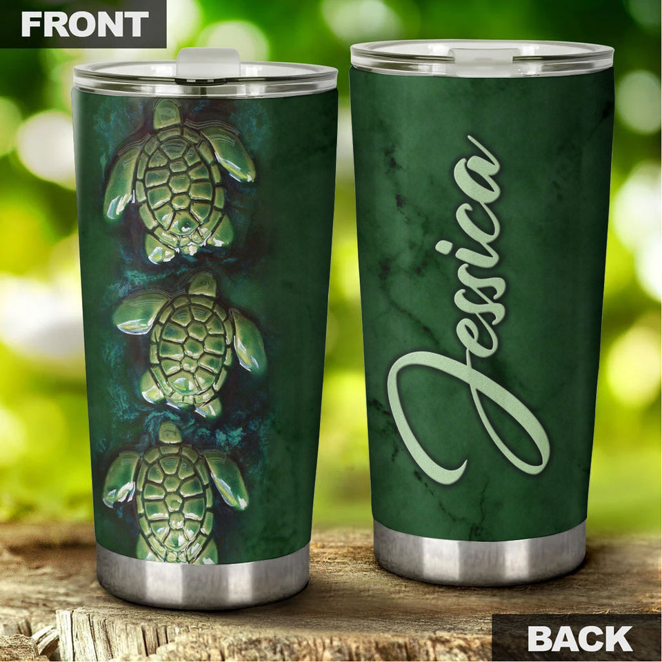 Camellia Personalized Green Turtles Ceramic Style Graphics Stainless Steel Tumbler - Double-Walled Insulation Travel Thermal Cup With Lid Gift For Pet Turtle Lover