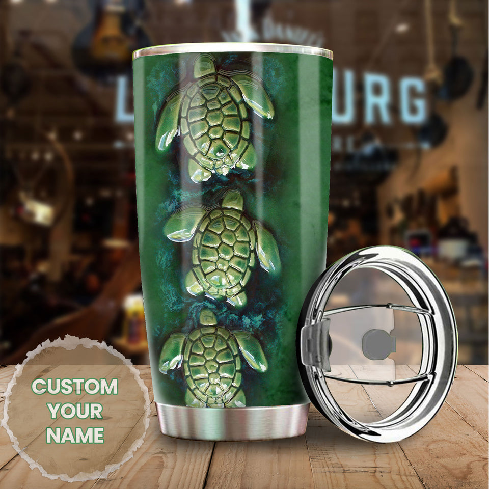 Camellia Personalized Green Turtles Ceramic Style Graphics Stainless Steel Tumbler - Double-Walled Insulation Travel Thermal Cup With Lid Gift For Pet Turtle Lover