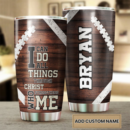Camellia Personalized Football Can Do All Things Christ Strengthens Me Stainless Steel Tumbler - Double-Walled Insulation Thermal Cup With Lid Gift For Boy Football Player