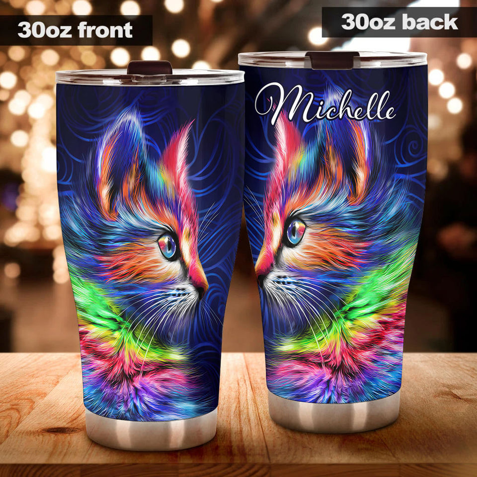 Camellia Personalized Tye Dye Colorful Cat Kitten Stainless Steel Tumbler - Double-Walled Insulation Thermal Cup With Lid Gift For Pet Lover Cat Mom