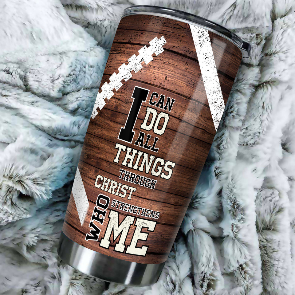 Camellia Personalized Football Can Do All Things Christ Strengthens Me Stainless Steel Tumbler - Double-Walled Insulation Thermal Cup With Lid Gift For Boy Football Player