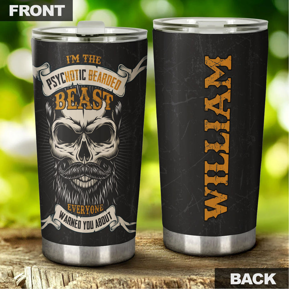 Camellia Personalized I'm The Psychotic Bearded Beast Viking Skull Stainless Steel Tumbler - Double-Walled Insulation Travel Thermal Cup With Lid Gift For Viking Lover