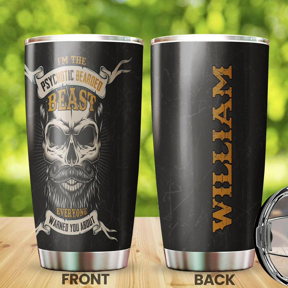 Camellia Personalized I'm The Psychotic Bearded Beast Viking Skull Stainless Steel Tumbler - Double-Walled Insulation Travel Thermal Cup With Lid Gift For Viking Lover