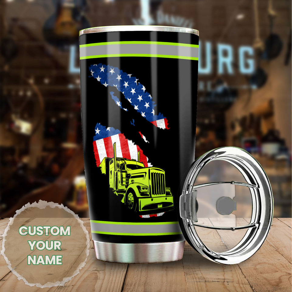 Camellia Personalized American US FLag Green Truck Graphics Stainless Steel Tumbler - Double-Walled Insulation Travel Thermal Cup With Lid Gift For 4th Of July Trucker Men