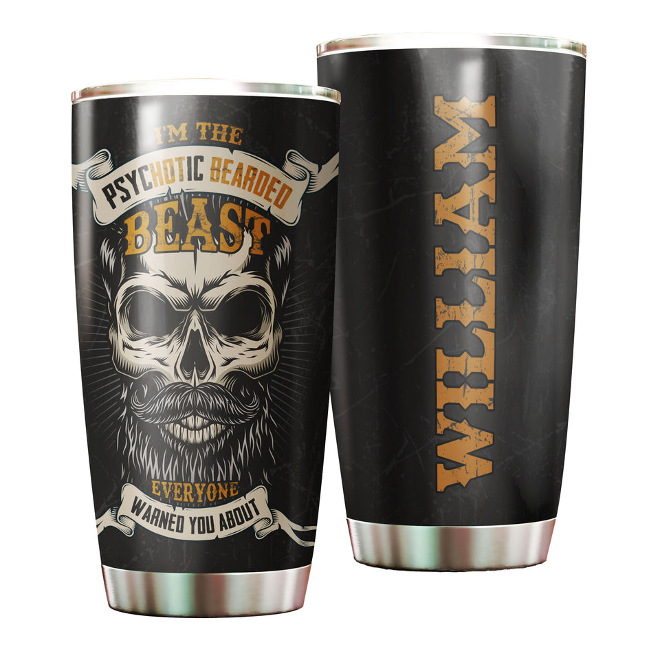 Camellia Personalized I'm The Psychotic Bearded Beast Viking Skull Stainless Steel Tumbler - Double-Walled Insulation Travel Thermal Cup With Lid Gift For Viking Lover