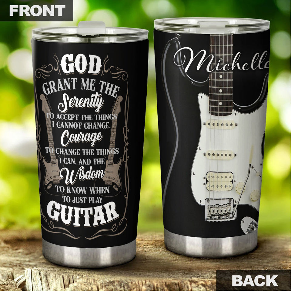 Camellia Personalized God Grant Me Wisdom To Play Guitar Stainless Steel Tumbler - Double-Walled Insulation Travel Thermal Cup With Lid Gift For Guitarist Bass Player