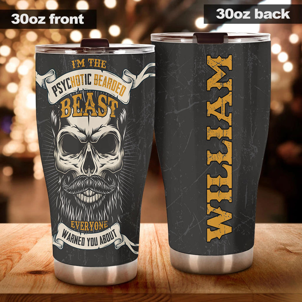 Camellia Personalized I'm The Psychotic Bearded Beast Viking Skull Stainless Steel Tumbler - Double-Walled Insulation Travel Thermal Cup With Lid Gift For Viking Lover