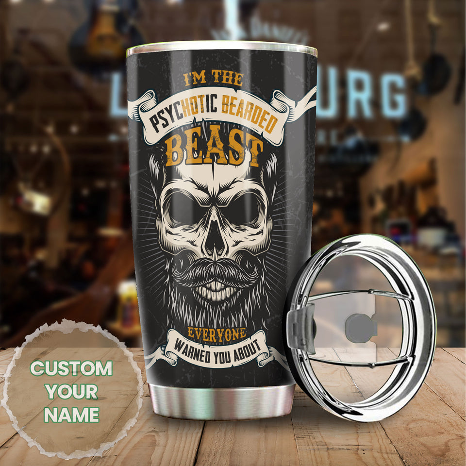 Camellia Personalized I'm The Psychotic Bearded Beast Viking Skull Stainless Steel Tumbler - Double-Walled Insulation Travel Thermal Cup With Lid Gift For Viking Lover