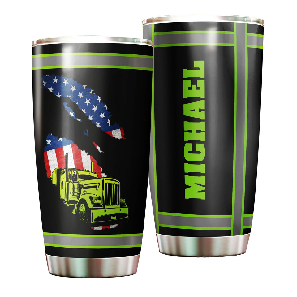 Camellia Personalized American US FLag Green Truck Graphics Stainless Steel Tumbler - Double-Walled Insulation Travel Thermal Cup With Lid Gift For 4th Of July Trucker Men