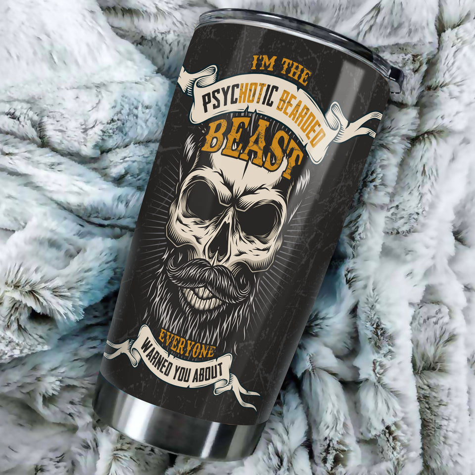 Camellia Personalized I'm The Psychotic Bearded Beast Viking Skull Stainless Steel Tumbler - Double-Walled Insulation Travel Thermal Cup With Lid Gift For Viking Lover