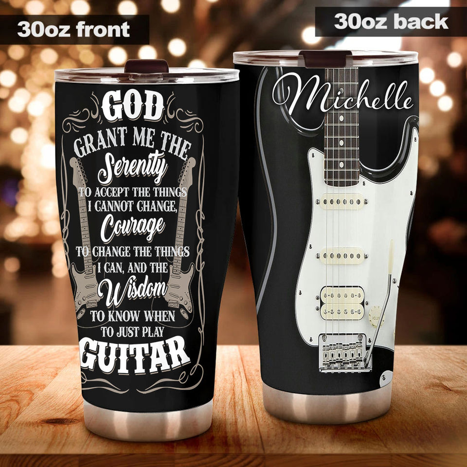 Camellia Personalized God Grant Me Wisdom To Play Guitar Stainless Steel Tumbler - Double-Walled Insulation Travel Thermal Cup With Lid Gift For Guitarist Bass Player