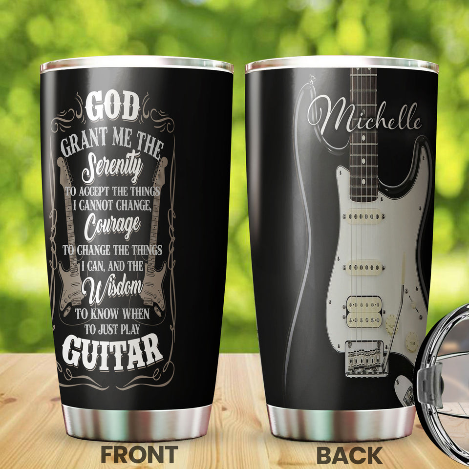 Camellia Personalized God Grant Me Wisdom To Play Guitar Stainless Steel Tumbler - Double-Walled Insulation Travel Thermal Cup With Lid Gift For Guitarist Bass Player